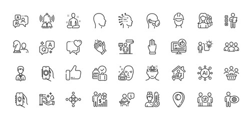 Group, Heart and Yoga line icons pack. AI, Question and Answer, Map pin icons. Support chat, Electric app, Security app web icon. Head, Three fingers, Podium pictogram. Vector