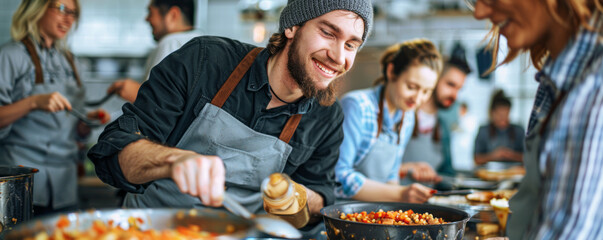 A group of coworkers volunteering at a local soup kitchen, serving warm meals to those in need with smiles and kindness.