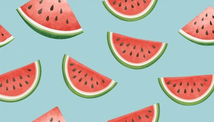 Watermelon slices pattern on pastel blue background illustration