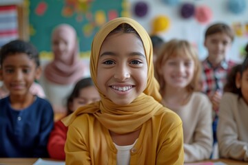 Girl in a yellow hijab smiling, surrounded by classmates in a cheerful classroom environment