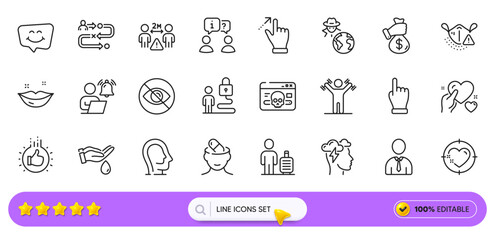 Lips, Lock and Psychology line icons for web app. Pack of Like hand, Click hand, Journey path pictogram icons. Wash hands, Social distance, Human signs. Hold heart, Baggage, Smile chat. Vector