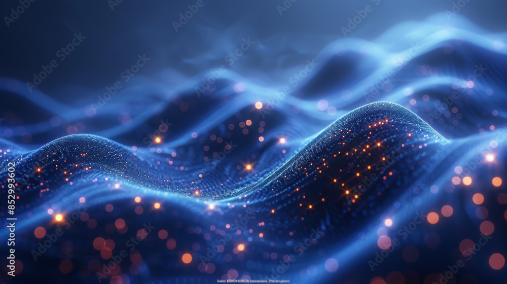 Poster smooth smoke particle wave, big data techno background with glowing dots, hi-tech concept, blue colo
