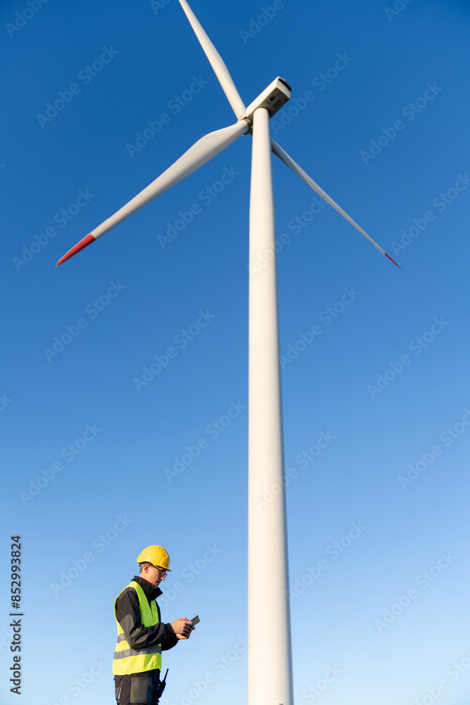 Poster engineer with digital tablet works on a field of wind turbines