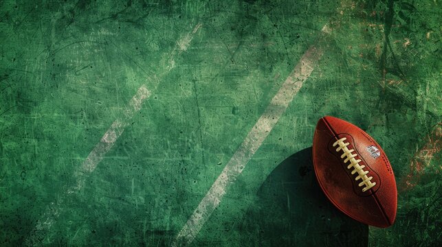 American football field with ball on green textured background Text space available