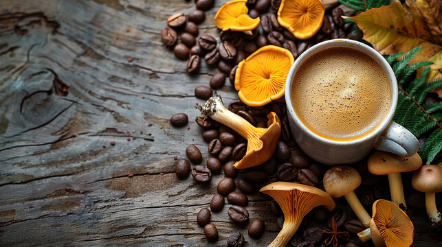 Cup of coffee with mushrooms on the wooden table.