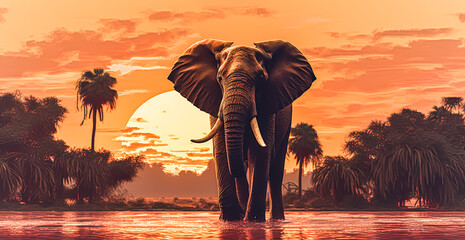 A painting of an elephant standing in front of a sunset.