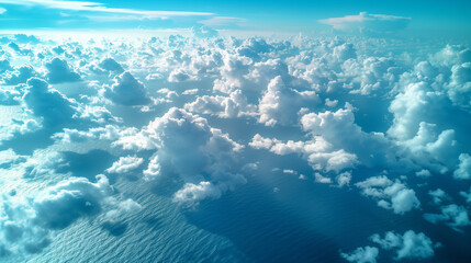Aerial view of fluffy white clouds over the vast blue ocean on sunny day.