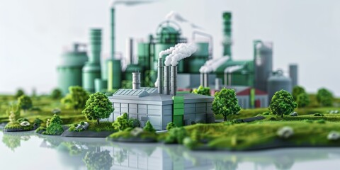 Close-up of a factory with reduced emissions, showing new green technology installed to lower carbon output, with industrial background, isolated white background