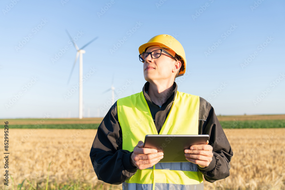Poster Engineer with digital tablet works on a field of wind turbines