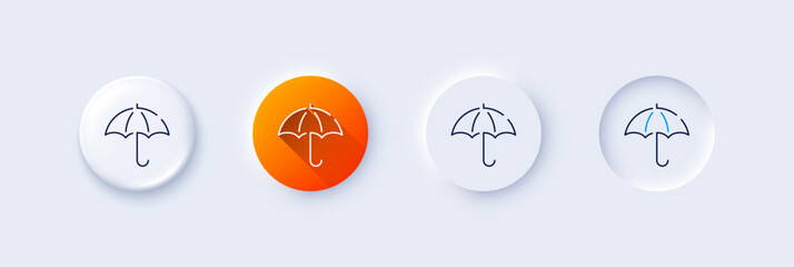 Umbrella line icon. Neumorphic, Orange gradient, 3d pin buttons. Rain defence sign. Safe insurance symbol. Line icons. Neumorphic buttons with outline signs. Vector