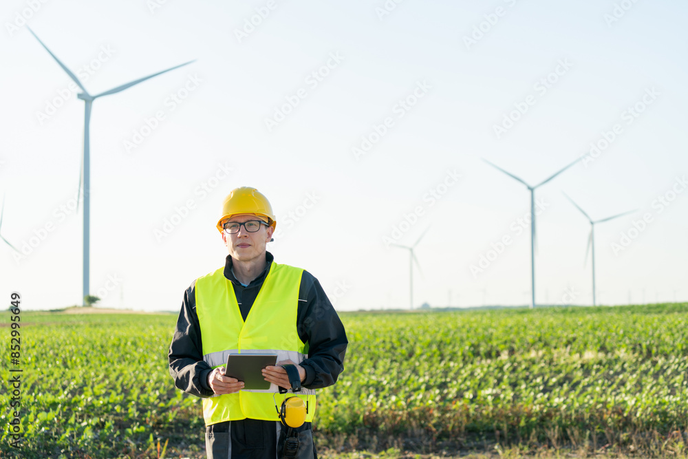 Aufkleber engineer with digital tablet works on a field of wind turbines