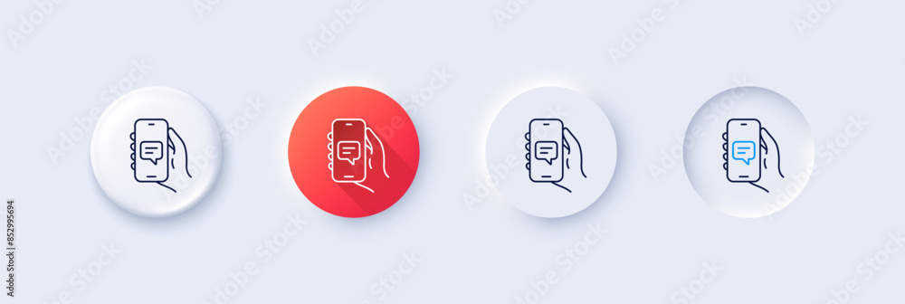 Aufkleber chat app line icon. neumorphic, red gradient, 3d pin buttons. hand hold phone sign. cellphone with s