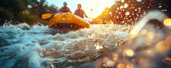 A group of friends white-water rafting down a thrilling river, navigating rapids and enjoying the adrenaline rush.