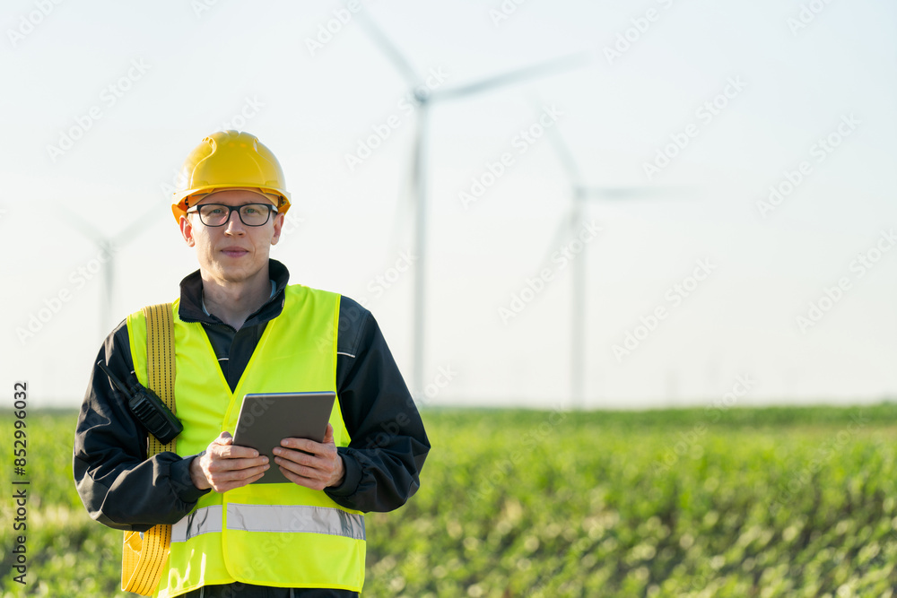 Poster engineer with digital tablet works on a field of wind turbines