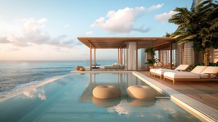 luxury beachfront cabana with a private sun deck, minimalist decor, and an infinity edge pool that blends seamlessly with the ocean horizon