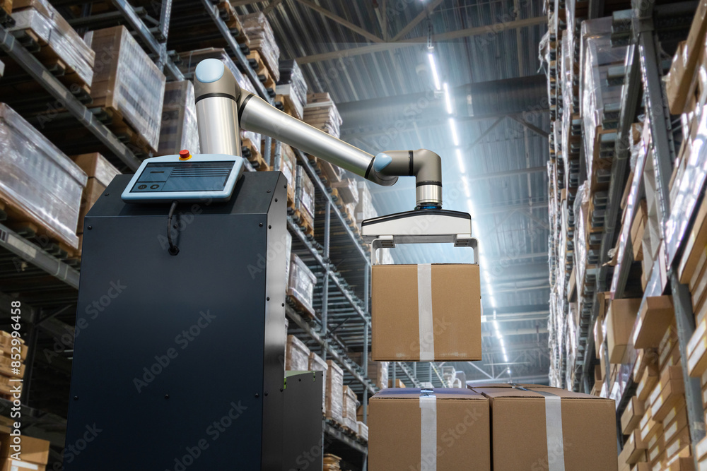 Poster Robot arm moves boxes in an automatic warehouse