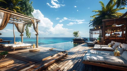 luxury beach club with elegant wooden decking, private cabanas, an infinity pool overlooking the ocean, and a chic bar serving exotic cocktails