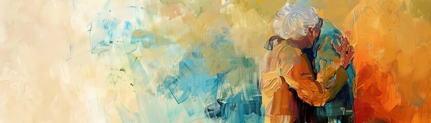 Elderly care depicted with gentle, comforting abstract art