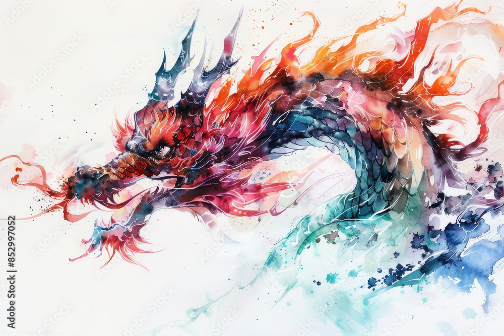 Wall mural A dragon with a red mouth and blue and pink scales - Wall murals