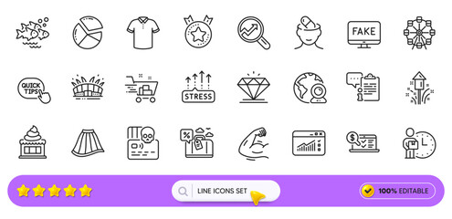 Quick tips, Ranking star and Diamond line icons for web app. Pack of Depression treatment, Pie chart, Ice cream pictogram icons. Fish school, Arena stadium, Online accounting signs. Search bar. Vector