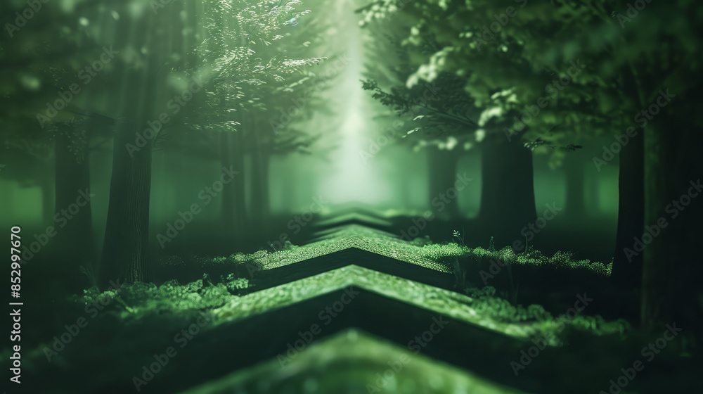 Poster a forest with a path that is curved and has arrows on it