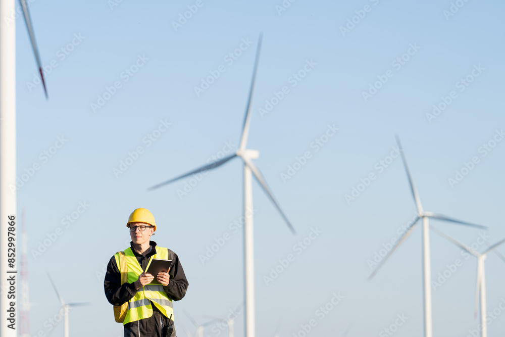 Poster Engineer with digital tablet works on a field of wind turbines