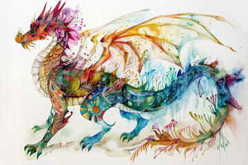 A colorful dragon is running across a white background