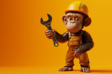 A monkey is holding a wrench and wearing a hard hat