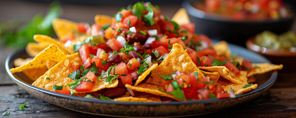 A plate of nachos piled high with tortilla chips, melted cheese, beans, and a variety of salsas.
