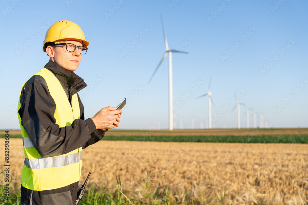 Poster Engineer with digital tablet works on a field of wind turbines