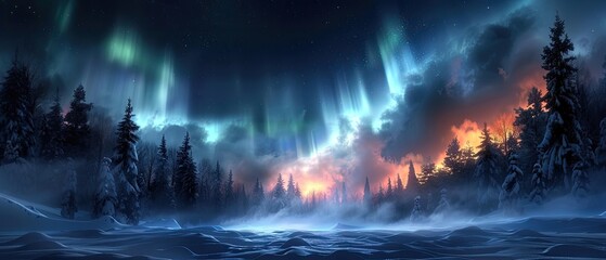 Fototapeta premium Aurora Borealis Dance: Vibrant Green and Purple Lights Illuminating Snowy Forest Under Celestial Night Sky