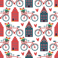 vector seamless pattern with typical dutch houses, bicycles and tulips, Holland, Netherlands.2