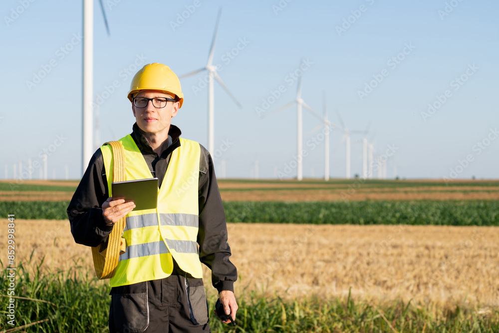 Poster Engineer with digital tablet works on a field of wind turbines