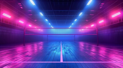 A volleyball court illuminated with neon lights, adds to the vibrant color scheme, Ai generated