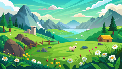 green-meadows-with-wildflowers--grazing-sheep--sto