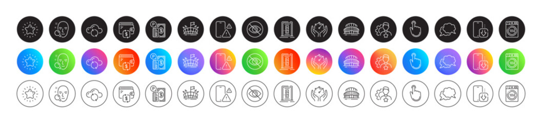 Not looking, Face search and Arena line icons. Round icon gradient buttons. Pack of Hand click, Phone warning, Brand icon. Timer, Wallet, Star pictogram. Sports stadium, Chat message, Door. Vector