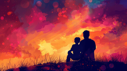 A man and a boy are sitting on a grassy hillside, looking at the moon