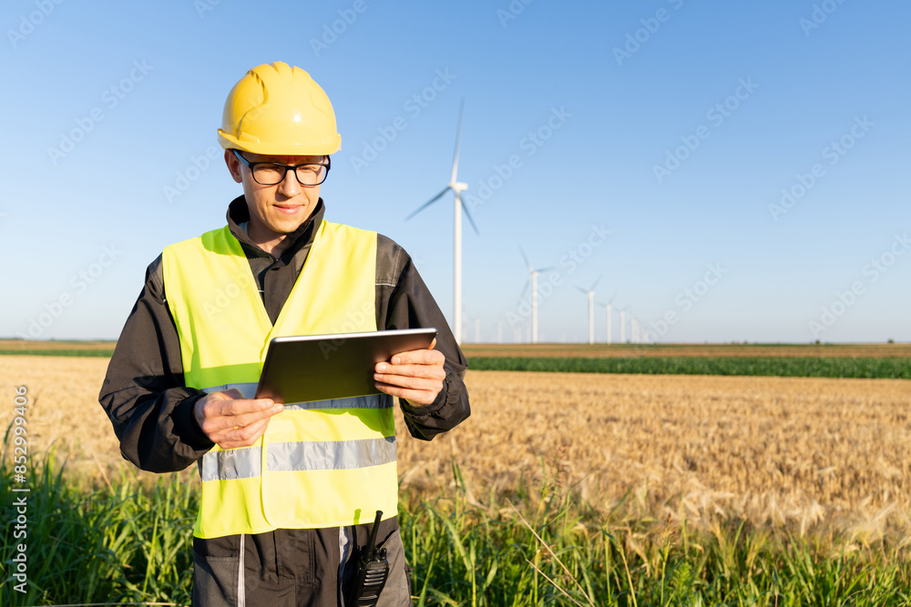 Aufkleber engineer with digital tablet works on a field of wind turbines