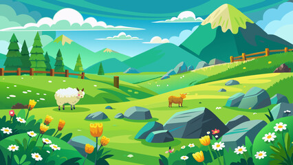 green-meadows-with-wildflowers--grazing-sheep--sto