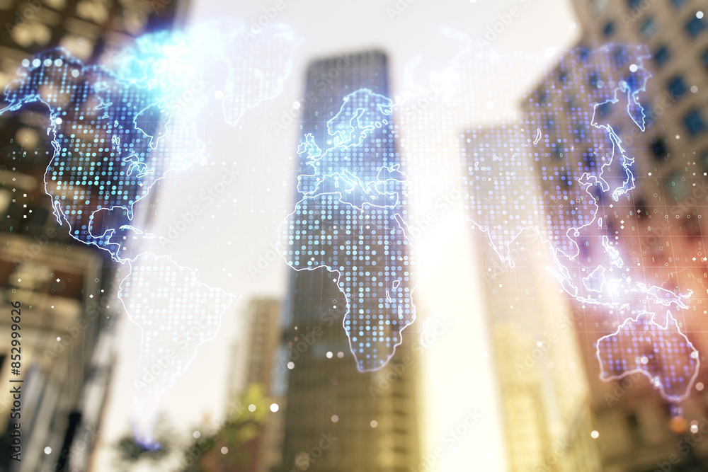 Poster multi exposure of abstract creative digital world map hologram on modern skyscrapers background, res