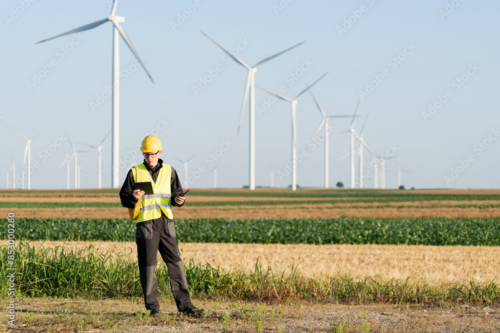 Poster engineer with digital tablet works on a field of wind turbines