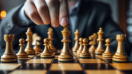 A poised hand delicately lifts a golden king from the chessboard, Ai generated