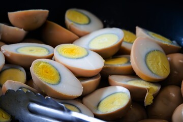 A close up of a pan of eggs with the yolks and whites separated