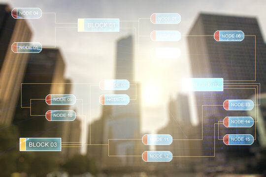 Multi exposure of abstract programming language hologram on blurry cityscape background, artificial intelligence and machine learning concept
