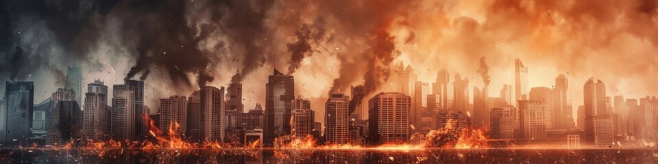 Apocalyptic Skyline in Fire and War Smoke with Ruins and Protest Environment, Wide Banner Design Calling for World Peace, Unity, Cooperation, and Harmony. High-Resolution AI-Generated Wallpaper Backgr