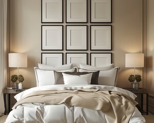 Elegant, modern bedroom with neutral decor, cozy bed, and stylish lighting. The minimalist design creates a calm and inviting atmosphere.