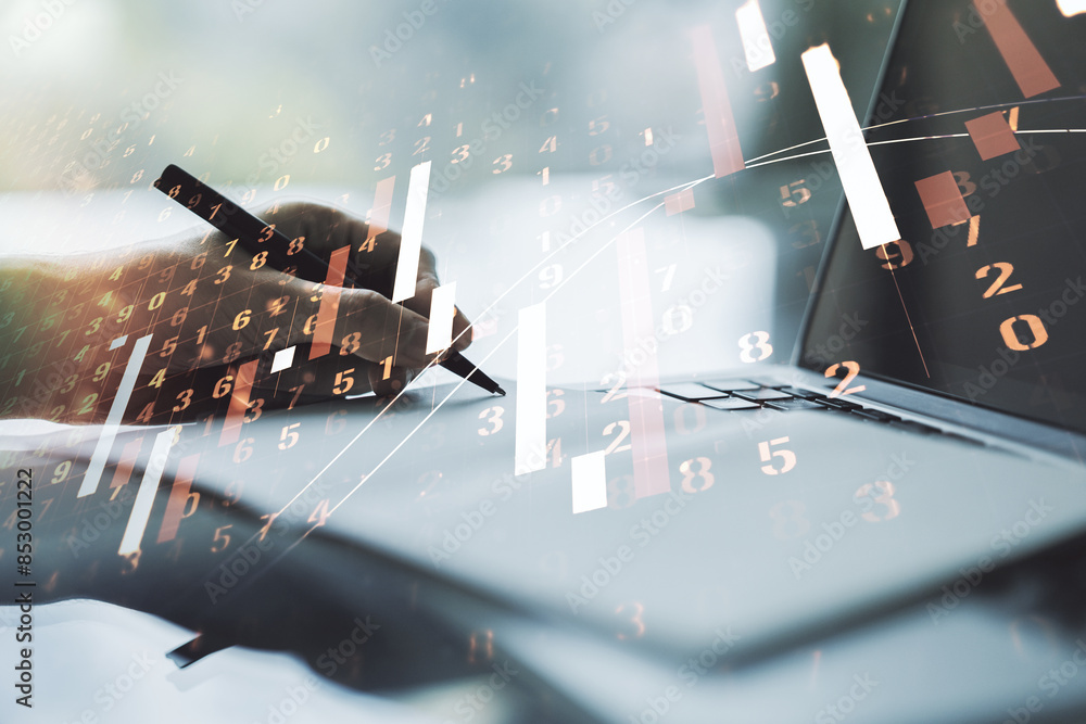 Poster multi exposure of abstract financial diagram with hand writing in notepad on background, banking and