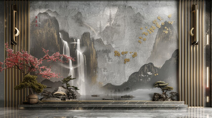 A large wall with a waterfall and mountains in the background