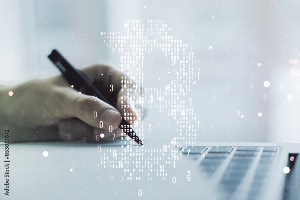 Poster double exposure of creative bitcoin symbol with hand writing in notebook on background with laptop. 