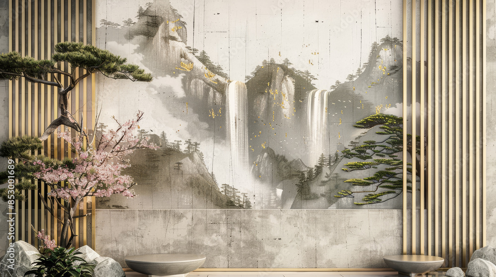Poster a wall with a waterfall and a tree in front of it
